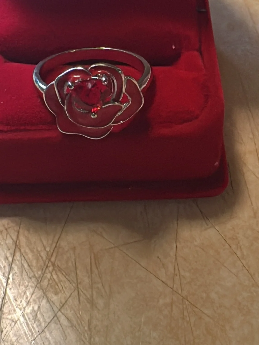 Silver tone Rose Ring with Red Heart Gem - Women's Jewelry